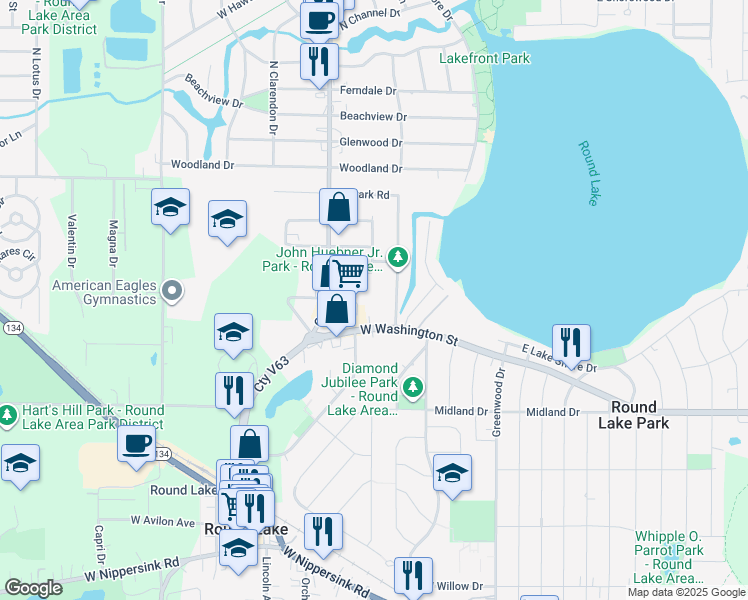 map of restaurants, bars, coffee shops, grocery stores, and more near 120 West Washington Street in Round Lake