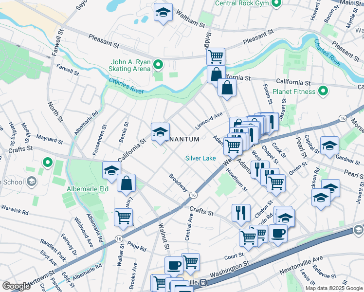 map of restaurants, bars, coffee shops, grocery stores, and more near 280 Nevada Street in Newton