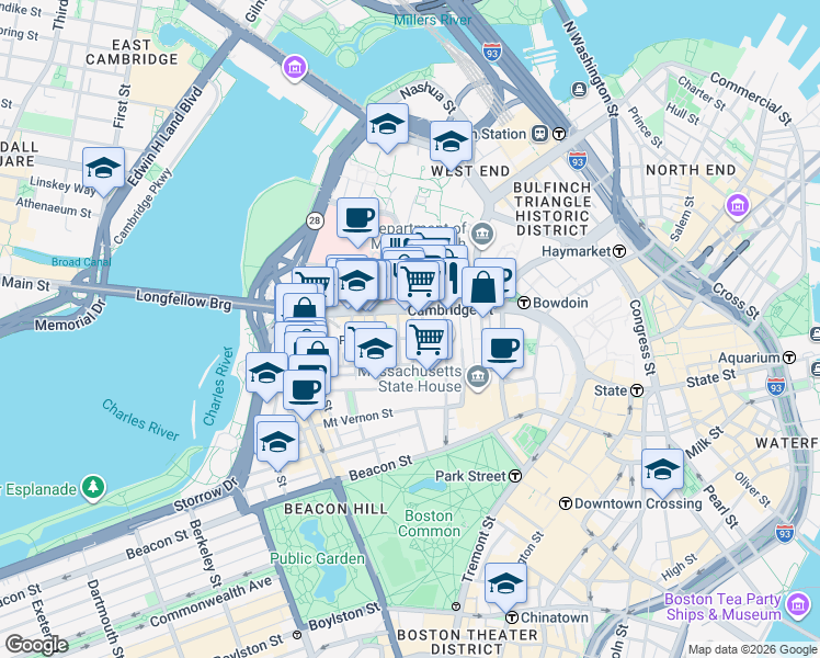 map of restaurants, bars, coffee shops, grocery stores, and more near 45 1/2 Garden Street in Boston