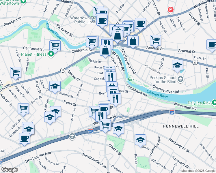 map of restaurants, bars, coffee shops, grocery stores, and more near in Watertown