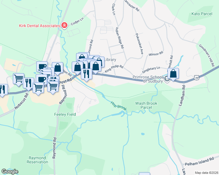 map of restaurants, bars, coffee shops, grocery stores, and more near 317 Boston Post Road in Sudbury