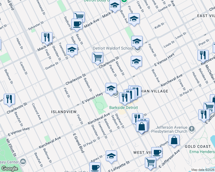 map of restaurants, bars, coffee shops, grocery stores, and more near 7829 East Vernor Highway in Detroit