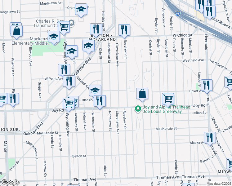 map of restaurants, bars, coffee shops, grocery stores, and more near 8851 Cloverlawn Avenue in Detroit
