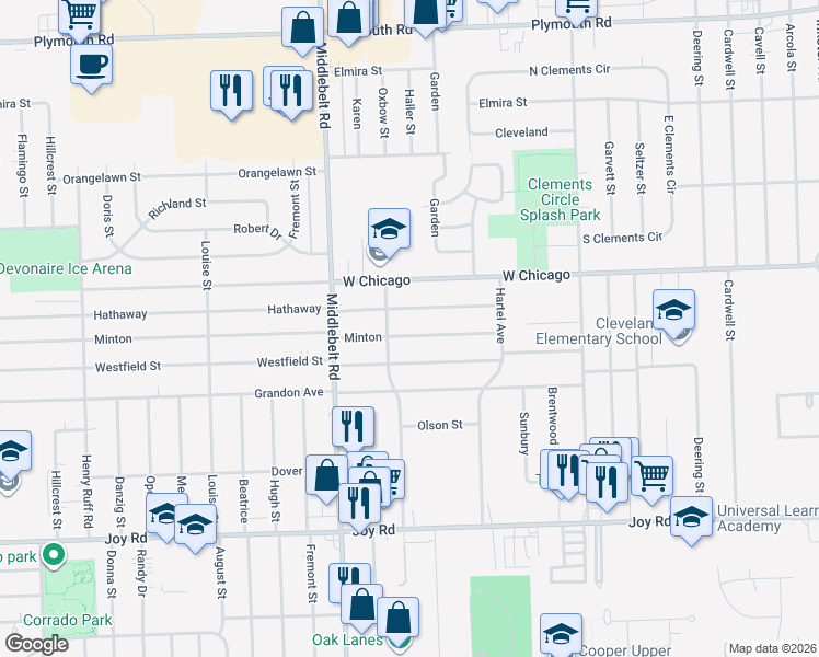 map of restaurants, bars, coffee shops, grocery stores, and more near 28995 Minton in Livonia