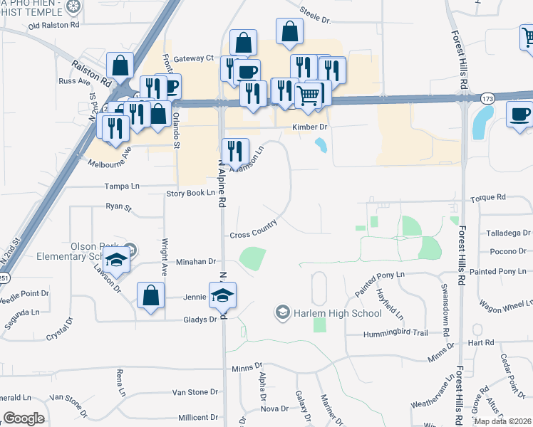 map of restaurants, bars, coffee shops, grocery stores, and more near 4632 Cross Country in Loves Park