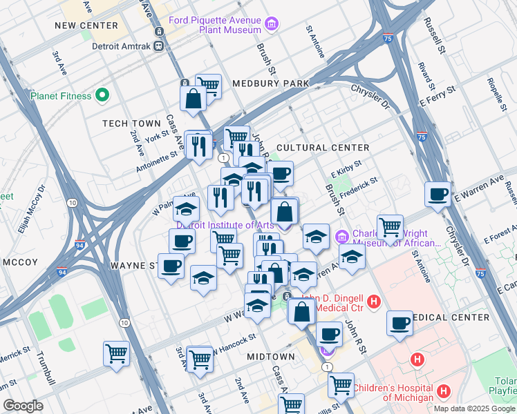 map of restaurants, bars, coffee shops, grocery stores, and more near 15 Midtown Loop in Detroit