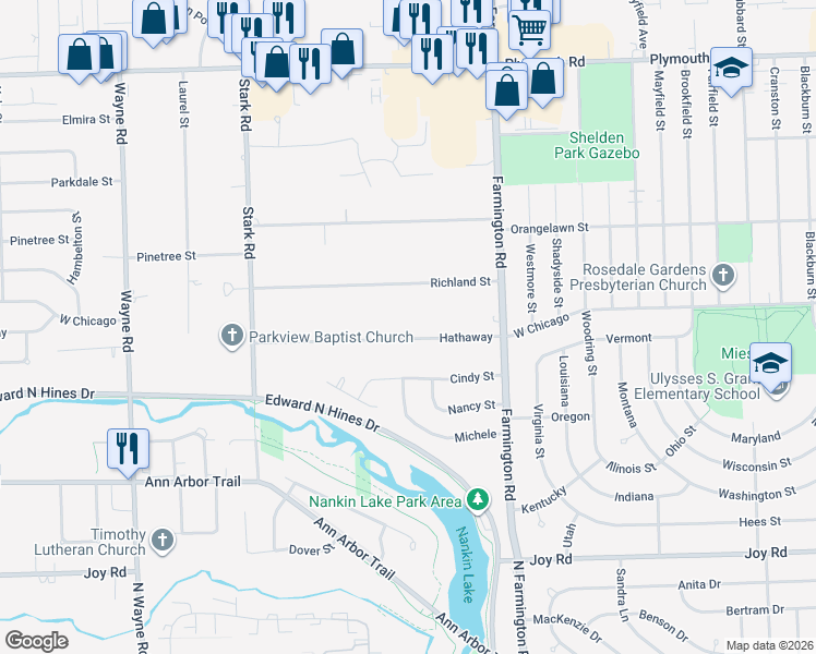 map of restaurants, bars, coffee shops, grocery stores, and more near 33769 Hathaway in Livonia