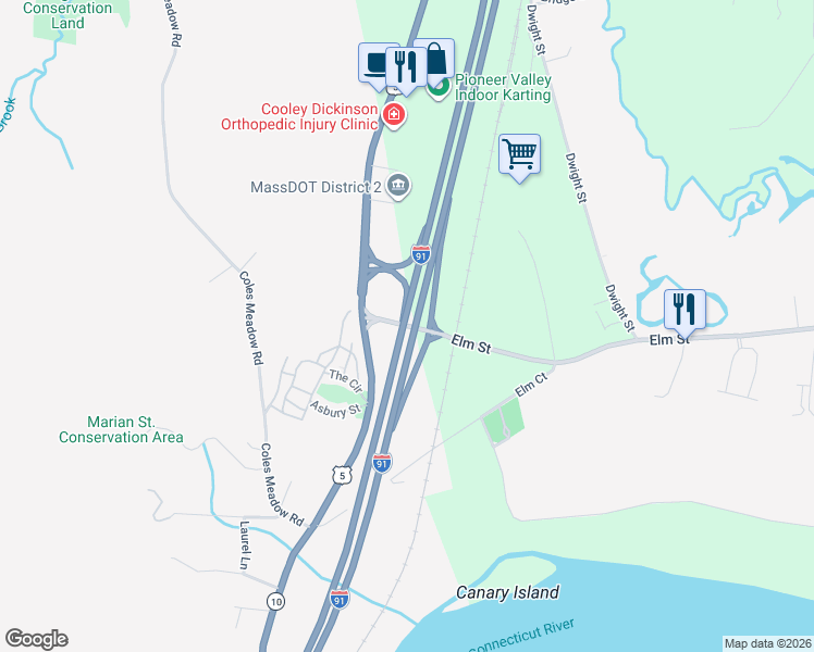 map of restaurants, bars, coffee shops, grocery stores, and more near 156 Elm Street in Northampton