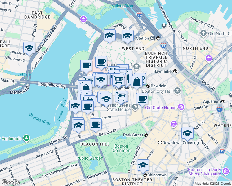 map of restaurants, bars, coffee shops, grocery stores, and more near 45 1/2 Garden Street in Boston