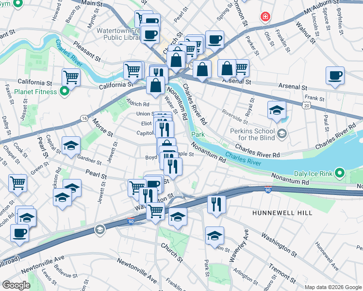 map of restaurants, bars, coffee shops, grocery stores, and more near 29 Hunt Street in Watertown