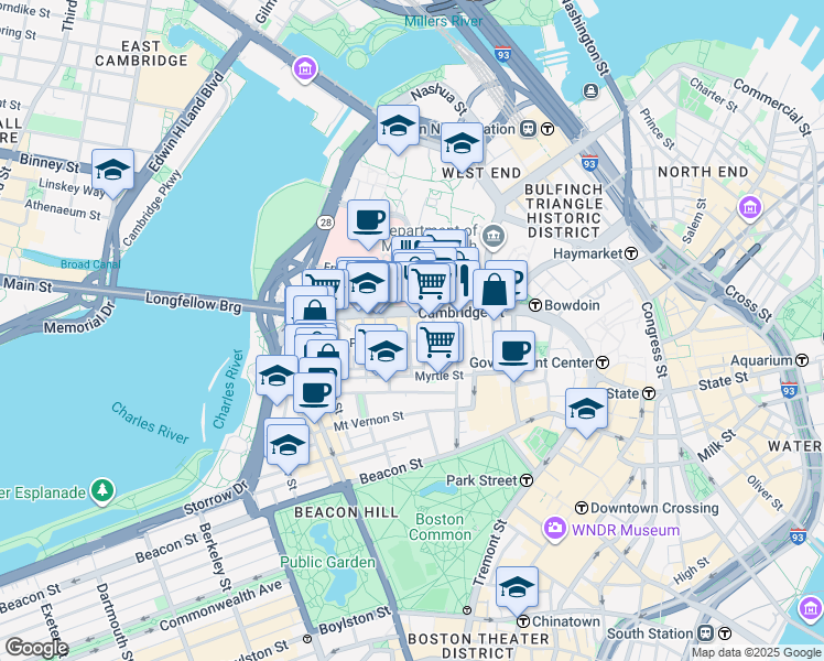 map of restaurants, bars, coffee shops, grocery stores, and more near 45 1/2 Garden Street in Boston