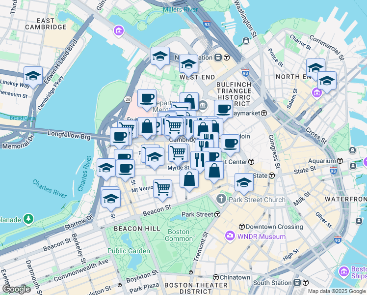 map of restaurants, bars, coffee shops, grocery stores, and more near 72 Joy Street in Boston