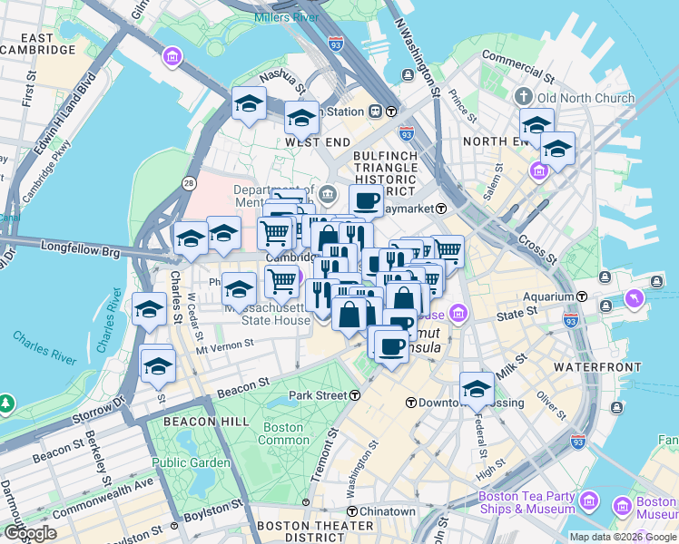 map of restaurants, bars, coffee shops, grocery stores, and more near 12 Bowdoin Street in Boston