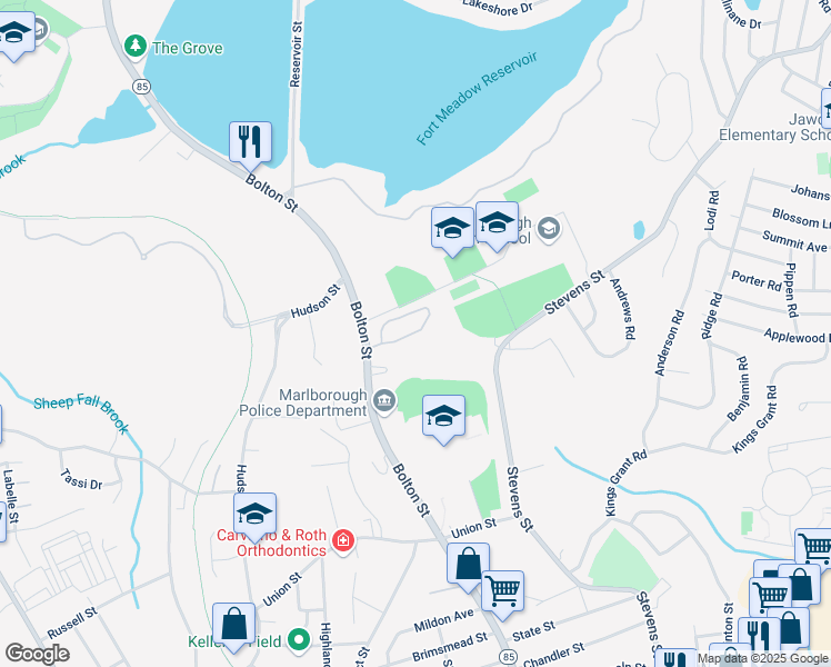 map of restaurants, bars, coffee shops, grocery stores, and more near 421 Bolton Street in Marlborough