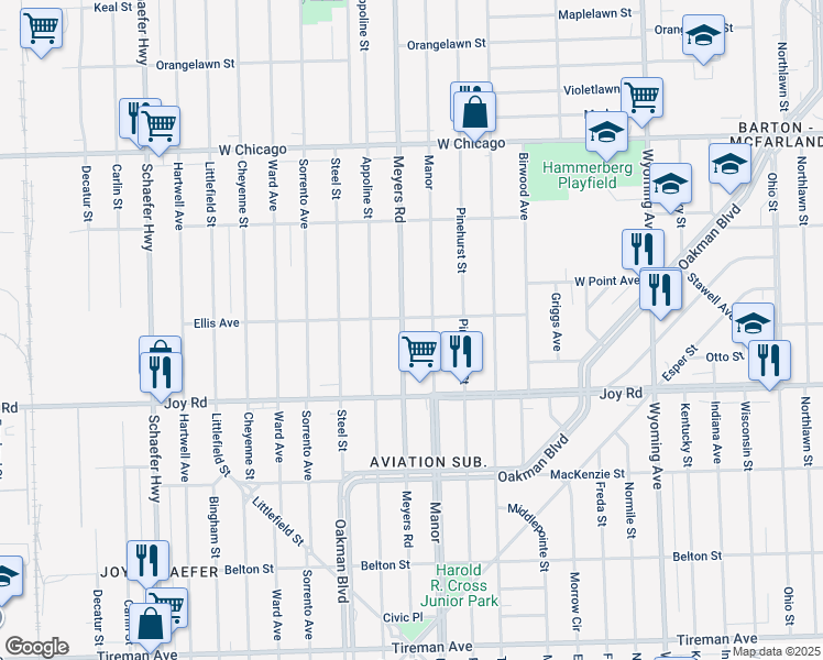 map of restaurants, bars, coffee shops, grocery stores, and more near 8930 Meyers Road in Detroit