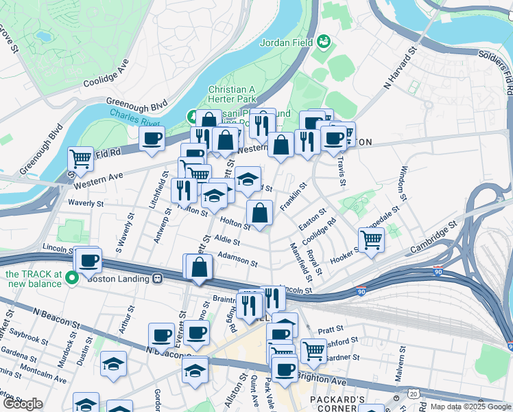 map of restaurants, bars, coffee shops, grocery stores, and more near 30 Athol Street in Boston