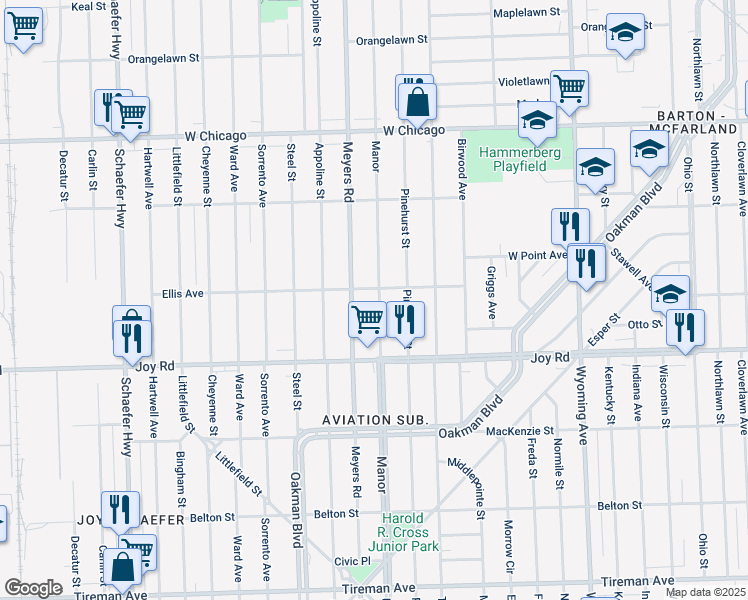 map of restaurants, bars, coffee shops, grocery stores, and more near 8880 Meyers Road in Detroit