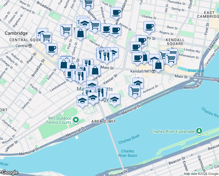 map of restaurants, bars, coffee shops, grocery stores, and more near 60 Vassar Street in Cambridge