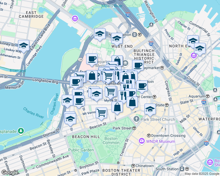 map of restaurants, bars, coffee shops, grocery stores, and more near 72 Joy Street in Boston
