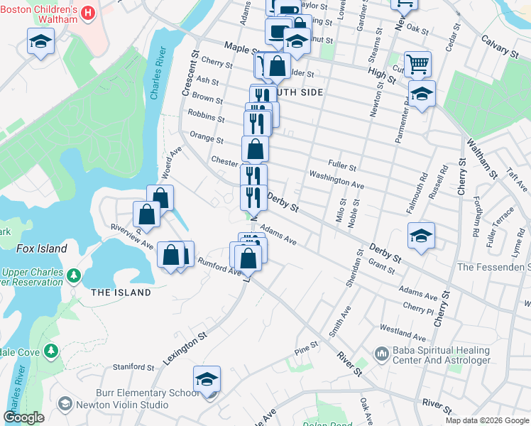 map of restaurants, bars, coffee shops, grocery stores, and more near 15 Underwood Park in Waltham