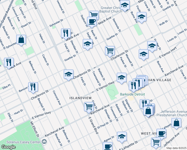 map of restaurants, bars, coffee shops, grocery stores, and more near 2499 Sheridan Street in Detroit