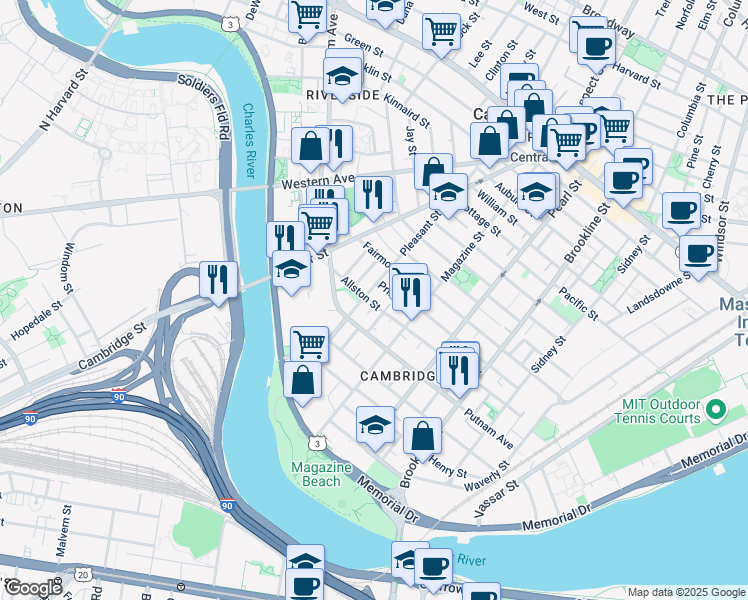 map of restaurants, bars, coffee shops, grocery stores, and more near 408-410 Putnam Avenue in Cambridge