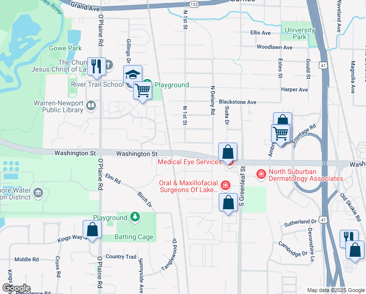 map of restaurants, bars, coffee shops, grocery stores, and more near 16 South 1st Street in Gurnee
