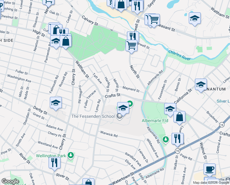 map of restaurants, bars, coffee shops, grocery stores, and more near 505 Crafts Street in Newton