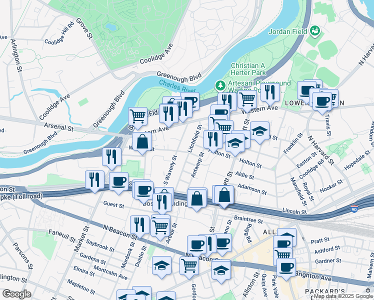 map of restaurants, bars, coffee shops, grocery stores, and more near 25 Duval Street in Boston