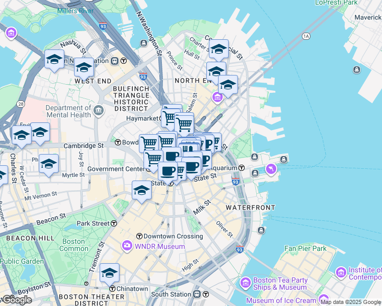 map of restaurants, bars, coffee shops, grocery stores, and more near 1 Faneuil Hall Square in Boston
