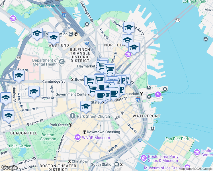map of restaurants, bars, coffee shops, grocery stores, and more near 1 Faneuil Hall Square in Boston