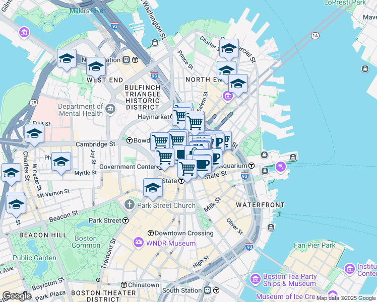 map of restaurants, bars, coffee shops, grocery stores, and more near 1 Faneuil Hall Square in Boston