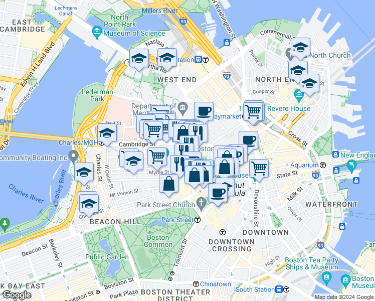 map of restaurants, bars, coffee shops, grocery stores, and more near 12 Bowdoin Street in Boston