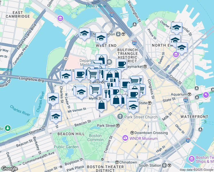 map of restaurants, bars, coffee shops, grocery stores, and more near in Boston