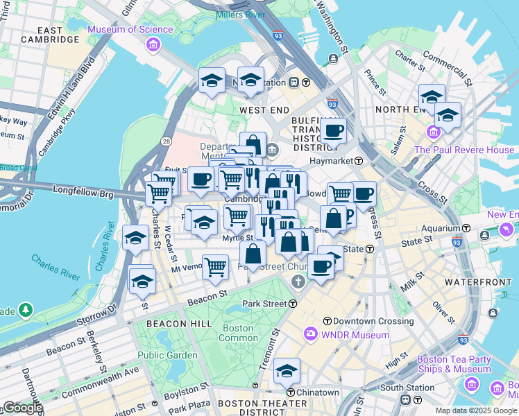 map of restaurants, bars, coffee shops, grocery stores, and more near in Boston