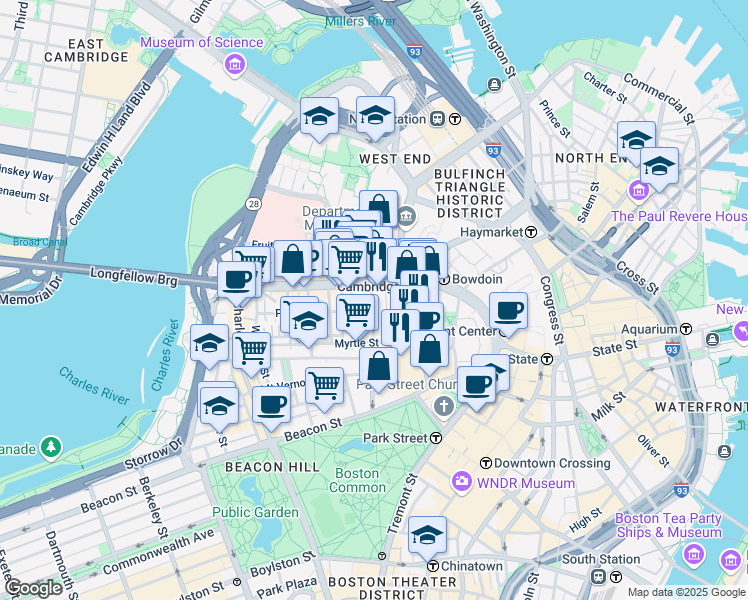 map of restaurants, bars, coffee shops, grocery stores, and more near 72 Joy Street in Boston