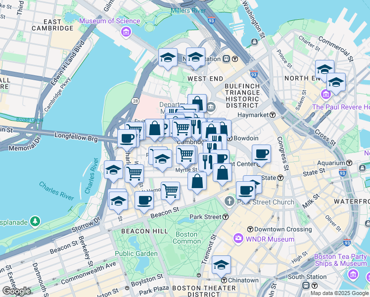 map of restaurants, bars, coffee shops, grocery stores, and more near 72 Joy Street in Boston