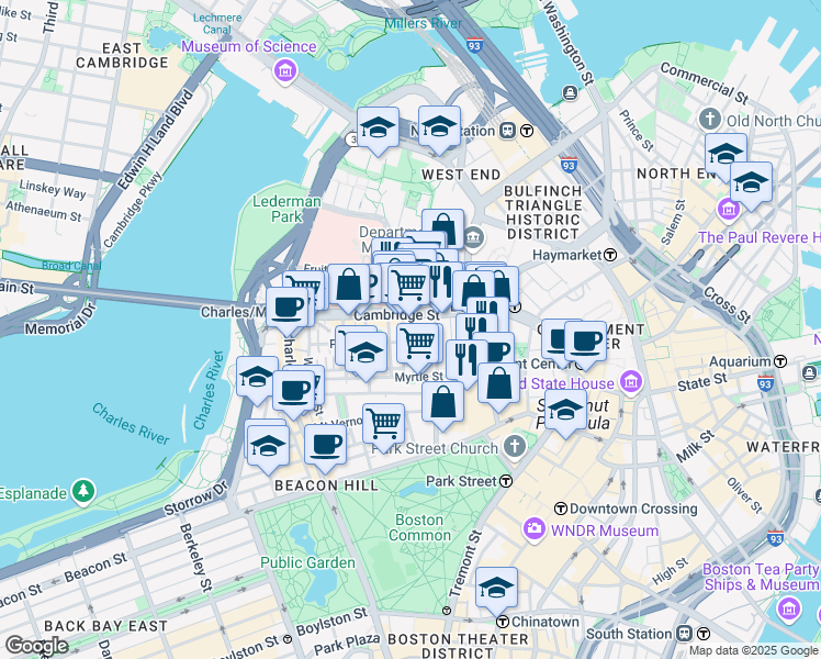 map of restaurants, bars, coffee shops, grocery stores, and more near 72 Joy Street in Boston