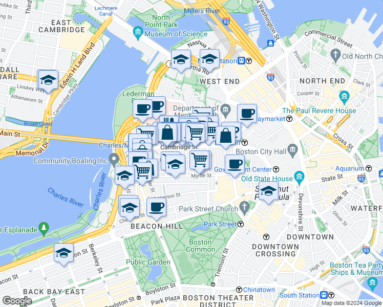 map of restaurants, bars, coffee shops, grocery stores, and more near 45 1/2 Garden Street in Boston