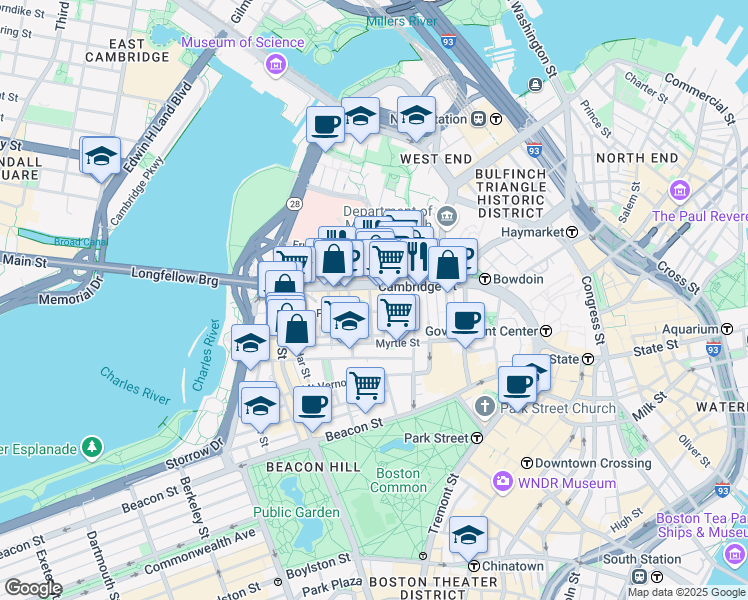 map of restaurants, bars, coffee shops, grocery stores, and more near 45 1/2 Garden Street in Boston
