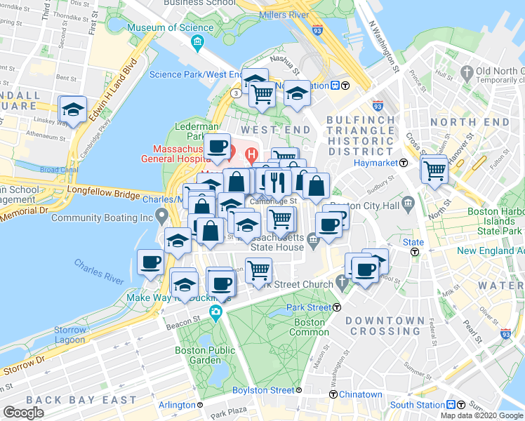 map of restaurants, bars, coffee shops, grocery stores, and more near 45 1/2 Garden Street in Boston