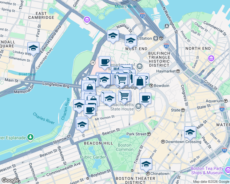 map of restaurants, bars, coffee shops, grocery stores, and more near 45 1/2 Garden Street in Boston