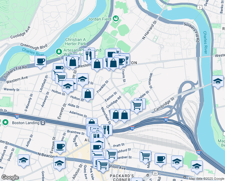 map of restaurants, bars, coffee shops, grocery stores, and more near 24 Easton Street in Brookline