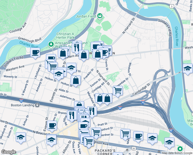 map of restaurants, bars, coffee shops, grocery stores, and more near 24 Easton Street in Brookline