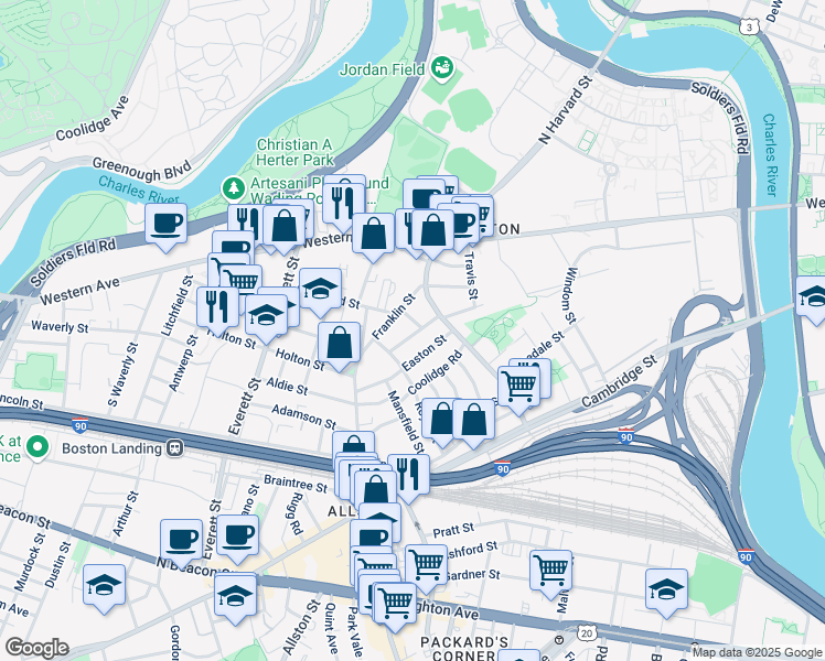 map of restaurants, bars, coffee shops, grocery stores, and more near 21 Myrick Street in Boston