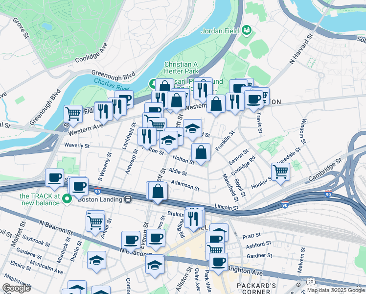 map of restaurants, bars, coffee shops, grocery stores, and more near 18-20 Bagnal Street in Boston
