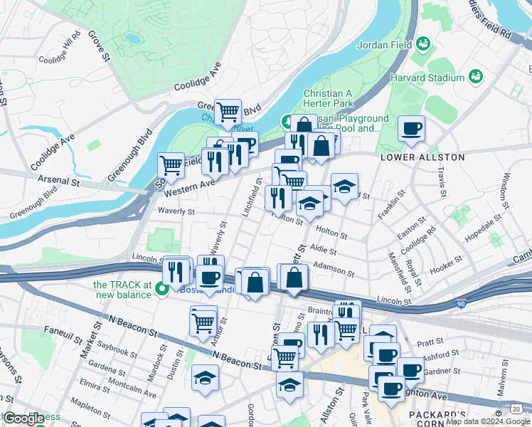 map of restaurants, bars, coffee shops, grocery stores, and more near 108 Holton Street in Boston
