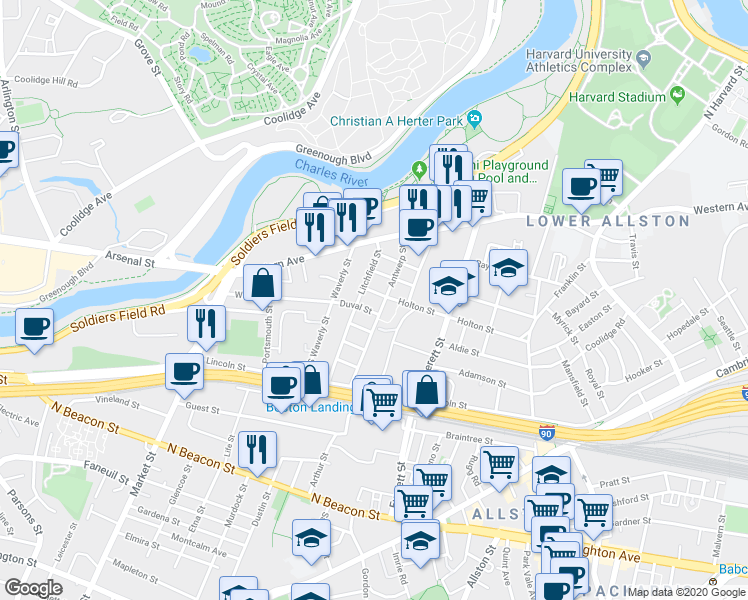 map of restaurants, bars, coffee shops, grocery stores, and more near 53-55 Litchfield Street in Boston