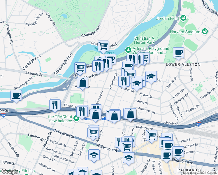 map of restaurants, bars, coffee shops, grocery stores, and more near 25 Duval Street in Boston