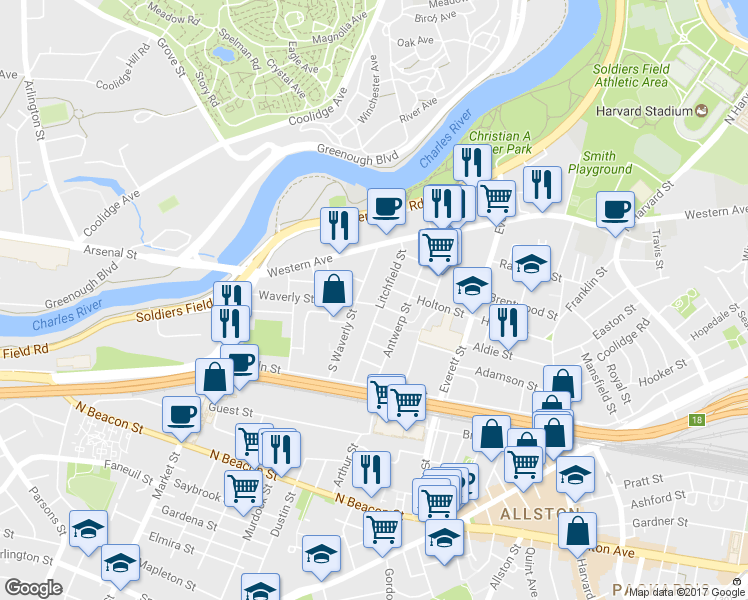 map of restaurants, bars, coffee shops, grocery stores, and more near 25 Duval Street in Boston